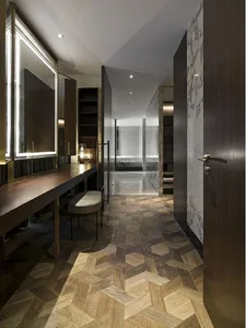 Modern interior design corridor featuring a wooden floor pattern.