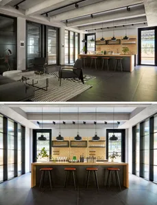 A modern living room with concrete, glass, and metal elements.