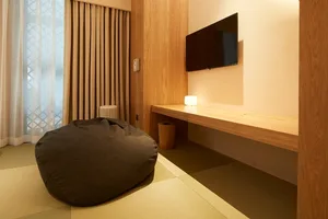 A modern minimalist residential interior featuring wood elements.