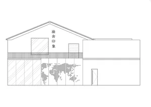 A rendered image of a building's exterior with a map pattern on the wall and a door on the side.