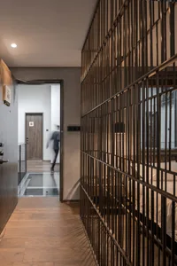 Modern interior design corridor with metallic railing