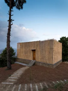 A minimalist residential cabin with a bamboo exterior, featuring a single wooden door and a concrete foundation.