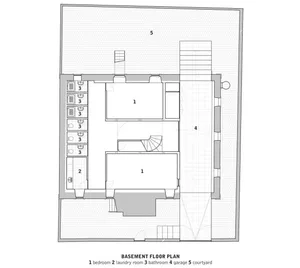 Basement floor plan showing bedroom, laundry room, bathroom, garage, and courtyard