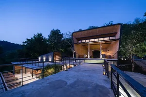 A modern interior design featuring wooden elements.
