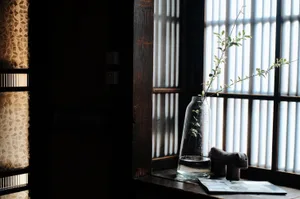 A clear glass vase with a leafy branch on a wooden shelf, illuminated by natural light through a window with horizontal slats