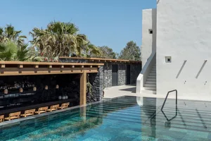 A modern poolside bar with lounge seating and palm fronds