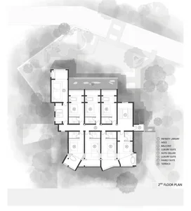 2nd floor architectural plan featuring various rooms including infinity library, aisle, balcony, and various suites.