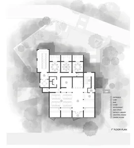 A white architectural drawing depicting the ground floor layout of a modern building.