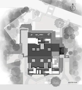 Modern house master plan showcasing contemporary floor plan and layout with concrete structural elements in a minimalist desi