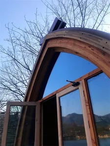 A modern, curved wooden window with glass panels, set against a clear blue sky with bare trees.