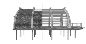 Cross-sectional view of a building showcasing wood shingles on the exterior.
