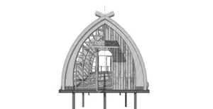 Architectural design of a wooden building with an arched roof and glass walls.