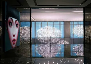 A glass storefront featuring a woman's face and a cityscape reflection.
