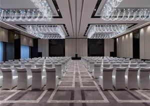 A large, well-lit conference room with white chairs covered in white fabric, carpeted with a checkered pattern, and adorned w