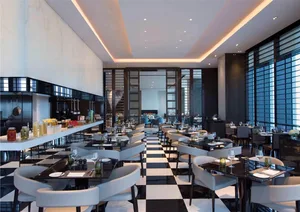 Modern restaurant interior with glass and marble materials