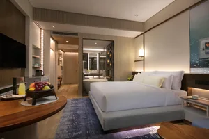 A modern hotel room featuring a large bed, a fruit basket, and a bathtub.