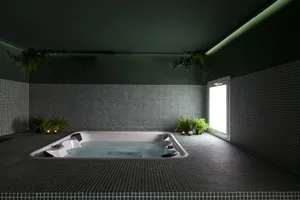 A minimalist spa interior featuring a tiled hot tub area with green plants and a window.