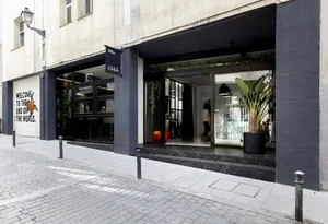 Modern street view featuring a building with black concrete walls, glass doors, and green potted plants.