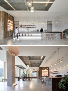 Modern industrial cafe interior featuring concrete and wood materials.