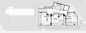 Floor plan of a modern residential living space with open layout, hardwood floors, and glass sliding doors.