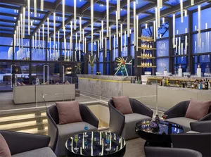 Contemporary bar interior with modern lighting and sleek furniture