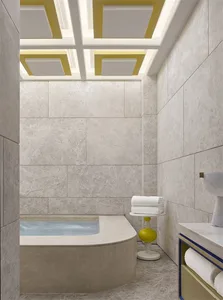 Modern minimalist bathroom featuring a mix of tile materials and a spa-style tub.