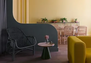 Rattan dining chairs and table in a yellow-themed casual dining room