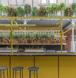 A restaurant bar with yellow metal shelving, green planters, and a variety of bottles and glasses.