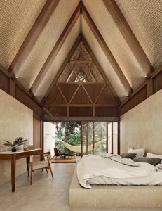Modern minimalist bedroom with a high vaulted ceiling, wooden beams, and a large window showing a hanging hammock outside.