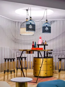 Modern bar counter featuring contemporary lighting design