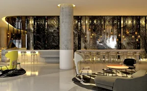 A luxurious hotel bar featuring contemporary interior design with concrete, glass, and metal materials.