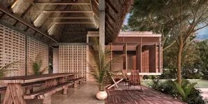 Modern residential outdoor lounge area with wood and cement materials, featuring seating and a palm plant.