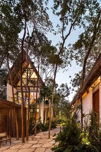 A modern residential house with wooden framing and large glass windows surrounded by greenery.