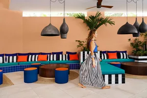 A modern living room featuring teal sofas, black and white striped pillows, and orange cushions. The space includes a plant, 