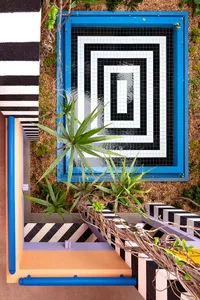 A modern terrarium with a geometric design and blue frame.