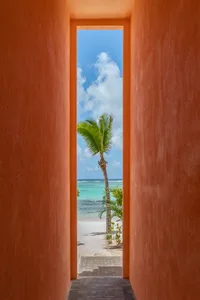 A view through a red doorway showing a palm tree and sandy beach.