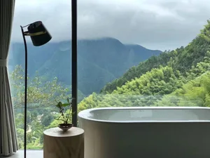 Modern bathroom with glass walls overlooking mountains.