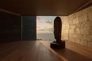 Stone minimalist interior space with ocean view