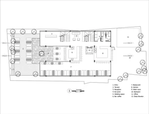 2D architectural drawing of a modern restaurant featuring concrete flooring.