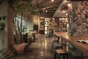 A cozy cafe with a rock wall, concrete floor, and potted plants