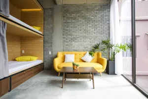Modern living room with yellow sofa, concrete floor, and potted plants.