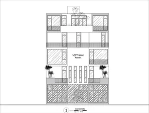 2D architectural drawing of a multi-story hostel with glass and metal facade and multiple balconies.