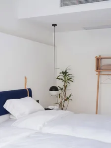 minimalist bedroom with a bed, textile headboard, wooden shelves, and a plant.