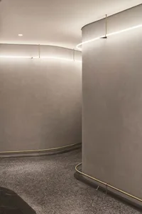 Minimalist interior design featuring concrete walls with curved lines and recessed lighting