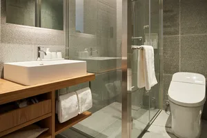 Modern bathroom with a glass-tile shower enclosure and concrete floor.