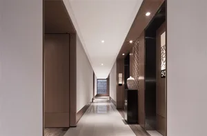Modern interior design featuring sleek, minimalist design with wooden and glass elements in a corridor or hallway setting.