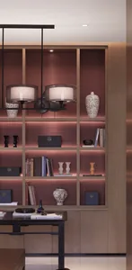 A modern library shelf with wooden construction, displaying books, vases, and decorative items with ambient lighting.