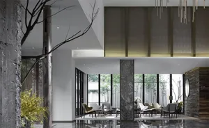 Interior of a modern restaurant featuring marble flooring, contemporary furniture, and modern lighting.
