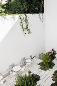 White minimalist outdoor terrace featuring concrete patio, white furniture, and climbing vines on a white wall.