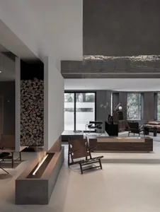 Modern living room with a concrete wall and minimalist furniture.